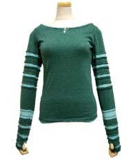 画像1: PSYLO レディース・カットソー「Lampu Slub Sweater / グリーン×スカイブルー」 (1)