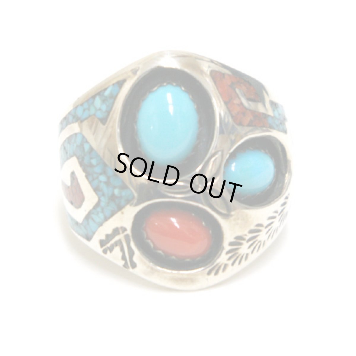 画像1: インディアンジュエリー・リング/C(ターコイズ＆赤珊瑚) (1)